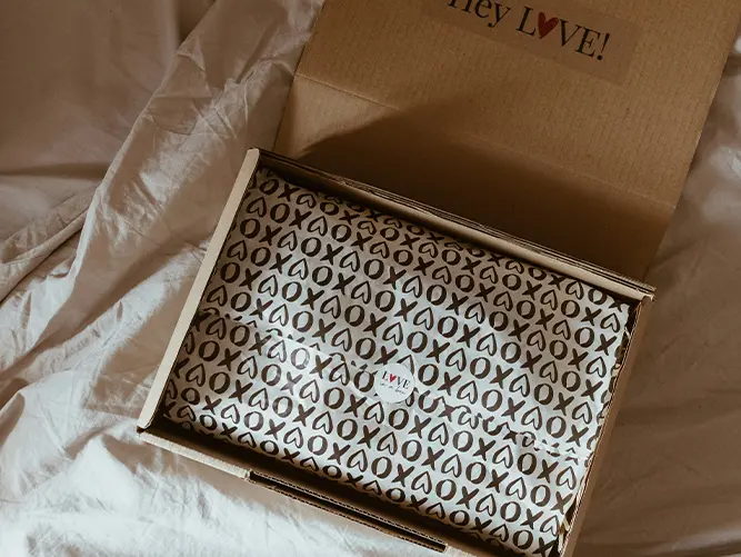 A box with a love pattern on it